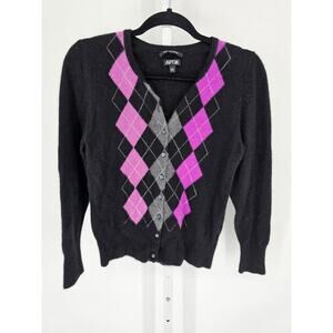 Apt 9 Womens Sz L Button Up Cardigan Sweater 100% Cashmere Argyle Black Purple